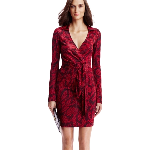 Diane Von Furstenberg DVF Rio Ruched Mesh Dress Red Size 6 Silk Jersey Faux Wrap - Picture 1 of 13
